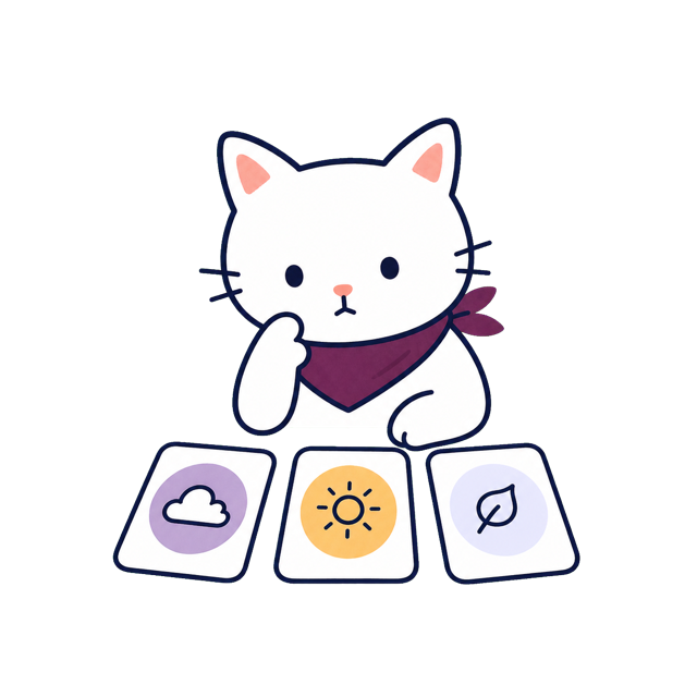 Guwa cat choosing between three simple activity prompts.