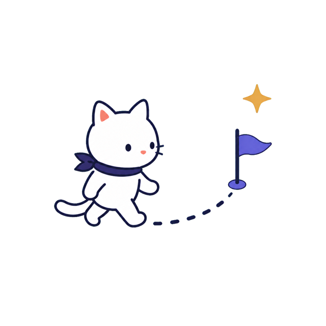 Guwa cat following a short curved trail toward a small flag.