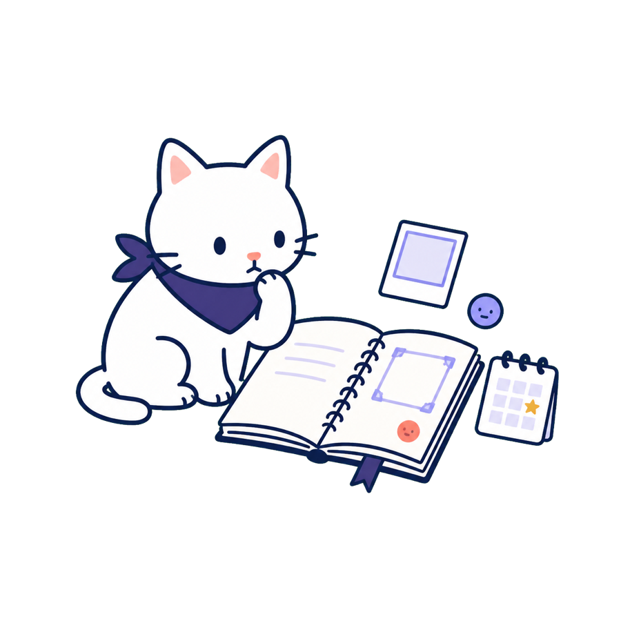 Guwa cat beside a notebook, photo frame, mood mark, and calendar.