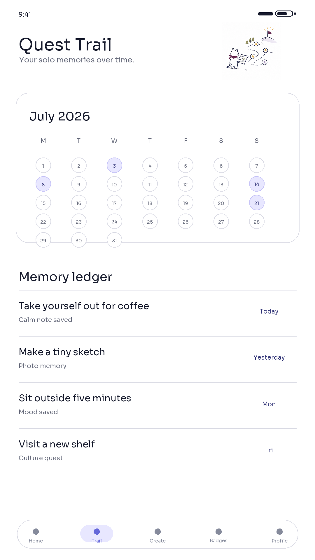 Questle Trail screen with calendar and memory ledger.