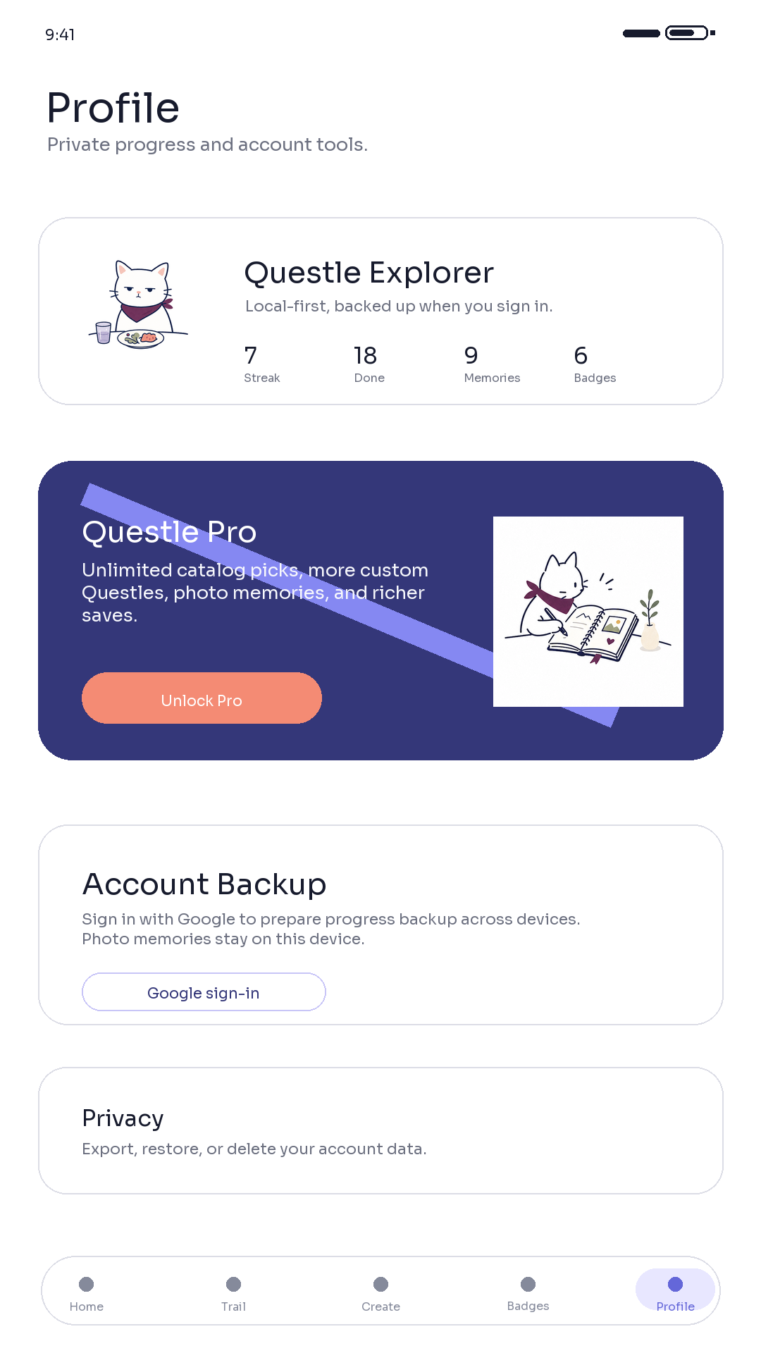 Questle Profile screen with Pro benefits and account backup tools.