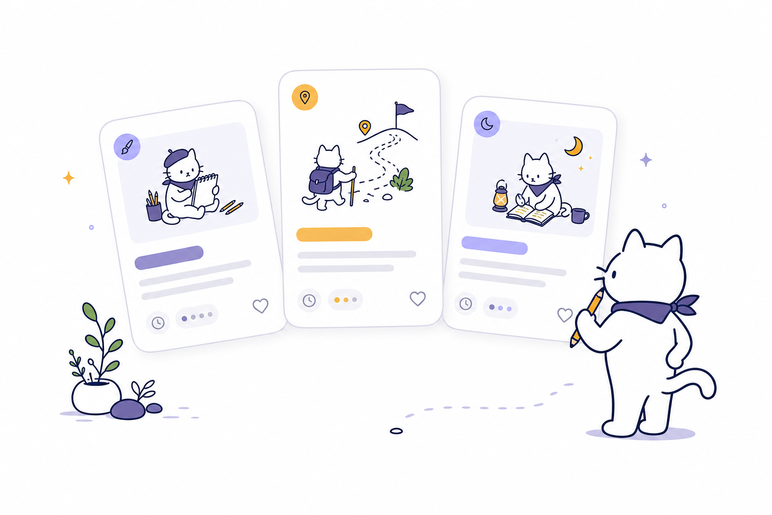 Illustration of Questle catalog cards with simple mascot art.