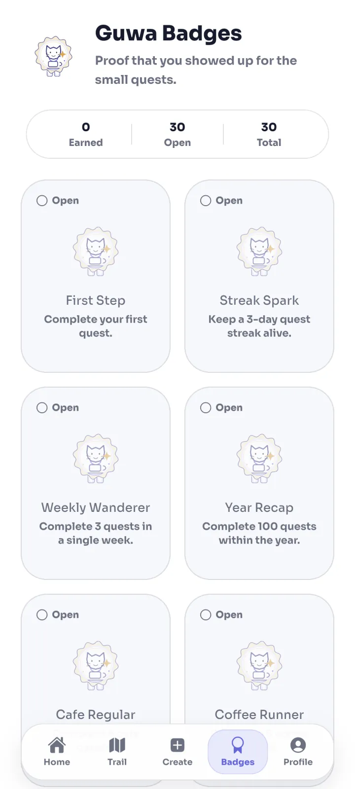Current Guwa Badges screen showing personal progress milestones.