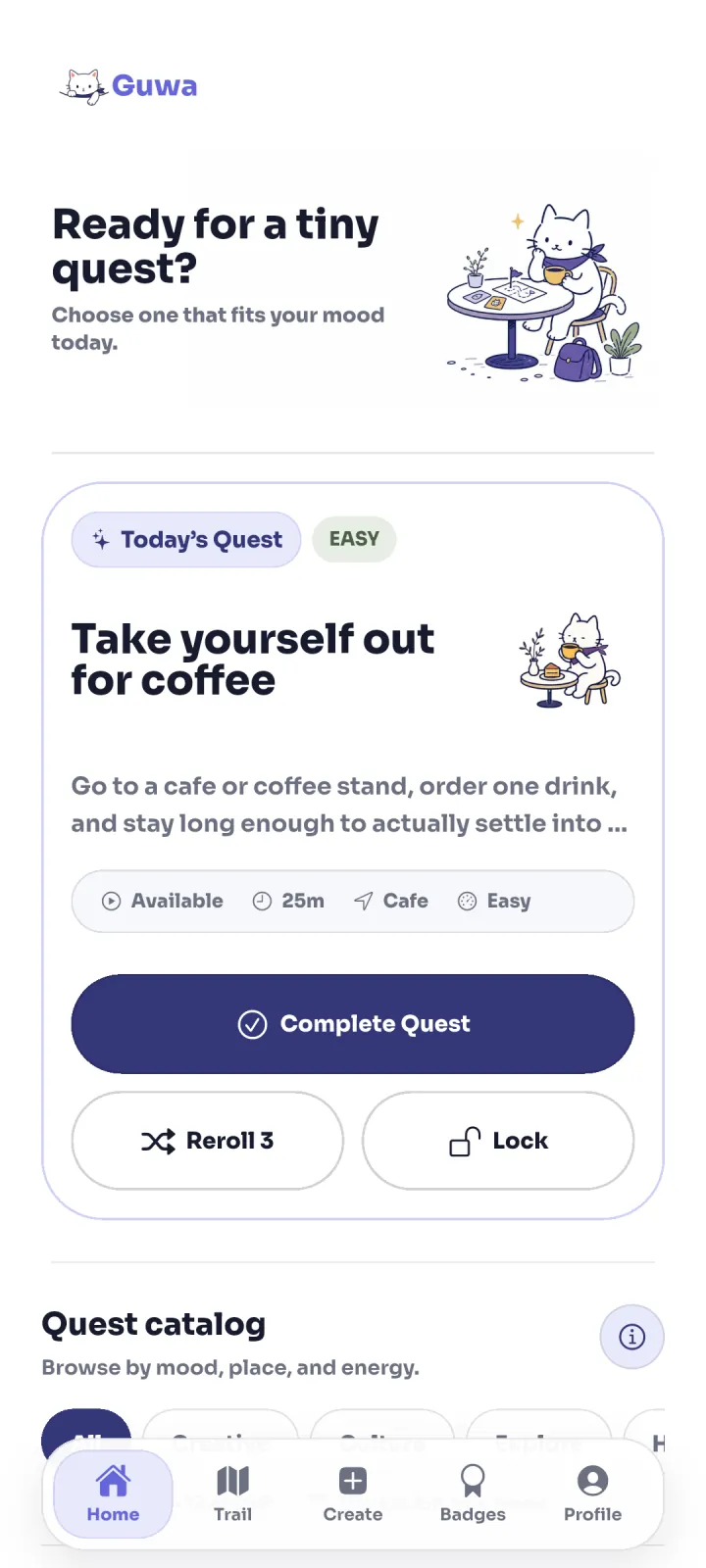 Current Guwa Home screen with an active daily activity and catalog navigation.