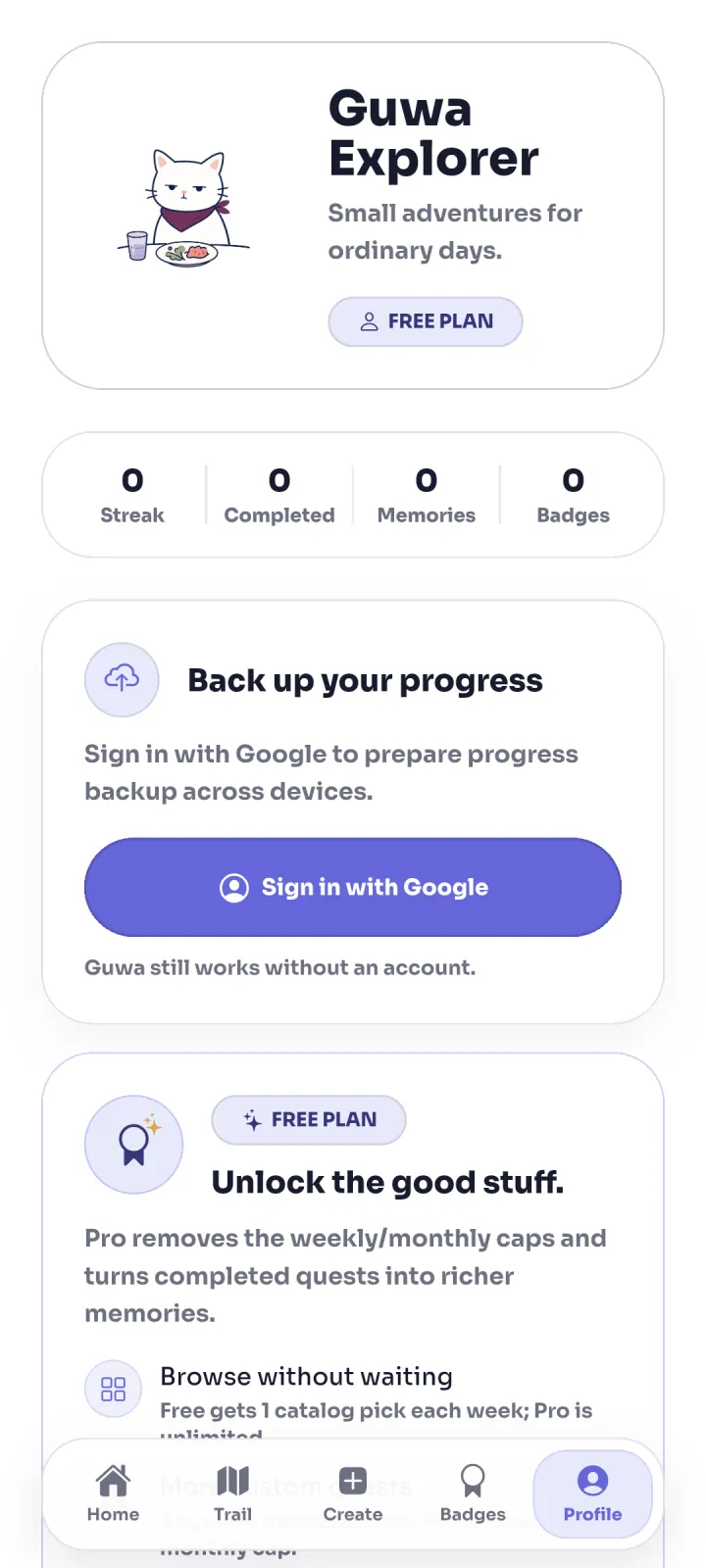 Current Guwa Profile showing the free plan, Pro benefits, and Account Backup.