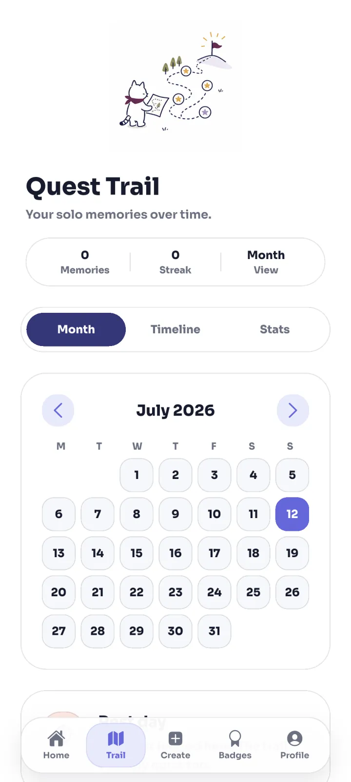 Current Guwa Trail screen showing the monthly calendar.